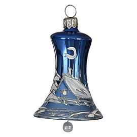 Christmas Tree Decoration Bell Royal Blue with White Winter Landscape Set of 4 in Box