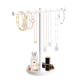 bodkar Jewelry Necklace Organizer Stand,12.9" Tall Sturdy Metal Jewelry Stand with Round Tray for Bracelet Bangles Holder Display,Long Necklace Organizer Holder (white)