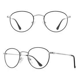 RB.Pilot Gafas de lectura redondas pequeñas de metal para mujeres y hombres, clásicas vintage, retro, tonos azules, bloqueando la luz, Plateado y negro