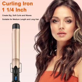 Curling Iron 1 1/4 Inch for Medium and Long Hair Professional Tourmaline Ceramic Barrel Curler with Clamp Dual Voltage Adjustable Temperature Long-Lasting Results Black