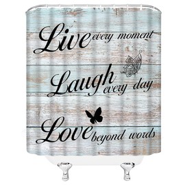 DSMEUE Live Laugh Love Shower Curtain Rustic Teal Wooden Board Butterfly Inspirational Motivational Quotes Positive Motto Phrase Words Modern Bathroom Decor Curtain with Hooks,70" Wx70 H