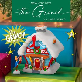Department 56 Porcelain Dr. Seuss Grinch Village Who-Ville Stocking Store Lit Building, 7.17 Inch, Multicolor
