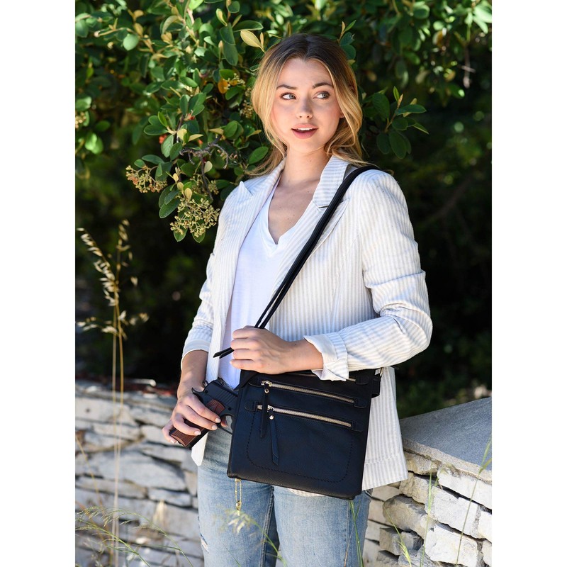 Double Compartment Multi-Zipper Triple Zip Pockets Concealed Carry Crossbody Bag