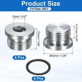 uxcell 4Pcs M27x1.5 Inner Hex Head Pipe Fitting Plug, Universal Carbon Steel Thread Socket Plug with Black O-Ring for Terminate Pipe Ends or Replacement Drains