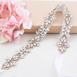 LEEMASING Rhinestone Crystal Belt for Wedding Dress Wedding Party Prom Sash with Ribbon for Women Evening Dress, gold