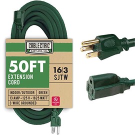 Cablectric 50 Foot Outdoor Extension Cord - 16/3 SJTW Green 16 Gauge Electrical Cable with 3 Prong Grounded Plug