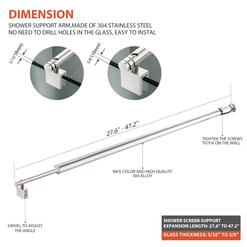 Shower Door Support Bar, Fix Frameless Shower Door Panel for