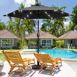 Dull Black Outdoor Market Patio Umbrella With Solar Lights 7.5 Ft Crank Lift & Push Button Tilt | Hexagonal Shape Anti Rust Sturdy Powder Coated Frame | All Weather Water Resistant Stable Air Vent