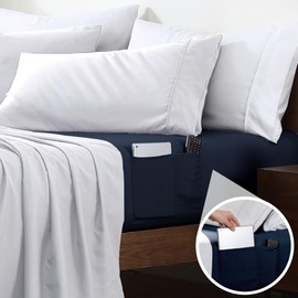 Cathay Home Full Double-Sided Organizer Pocket Fitted Smart Sheet - Double Brushed Ultra Soft – Wrinkle & Fade Resistant - 14" Deep Pocket Fitted Sheet Only (Full, Navy)