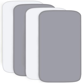 Biloban Pack and Play Fitted Sheet (39 x 27in), 4 Pack Ultra Soft Pack n Play Sheet Fitted, Playard Sheet for Boys or Girls, Machine Washable, Microfiber, Gray and White