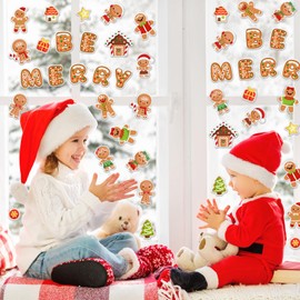 Whaline 2 Sheet Christmas Thick Gel Clings Cartoon Gingerbread Man Candy House Window Gel Decals Reusable Xmas Be Merry Window Clings for Home Classroom Nursery