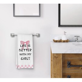 Preppy Coquette Pink Bow Bathroom Hand Towels 16x24 Inches, Life is Better with My Girls Decorative Kitchen Dish Hand Towels for Girls Bathroom Decor, Girl Mom Gifts