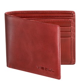 VISOUL Men's Carbon Fiber RFID Blocking Genuine Leather Wallet with 1 ID Window, 2 Cash Pockets and 14 Credit Card Slots, Red, red