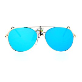 Womens Aviator Sunglasses Chic Round Metal Frame Gold, Flat Blue Mirror Lens