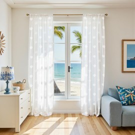 Vangao White Sheer Curtains for Living Room Coastal Themed Curtains for Bedroom Nursery Beach Cabin 84 Inch Long Drapes Seashell Starfish Patterned Window Treatments for Summer 2 Panels