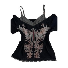 Emo Grunge Shirts Women 2000s Graphic Baby Tees Fake Two Piece Short Sleeve Vintage Y2k Crop Top Goth Alt Clothes (Black Red,M,Medium)