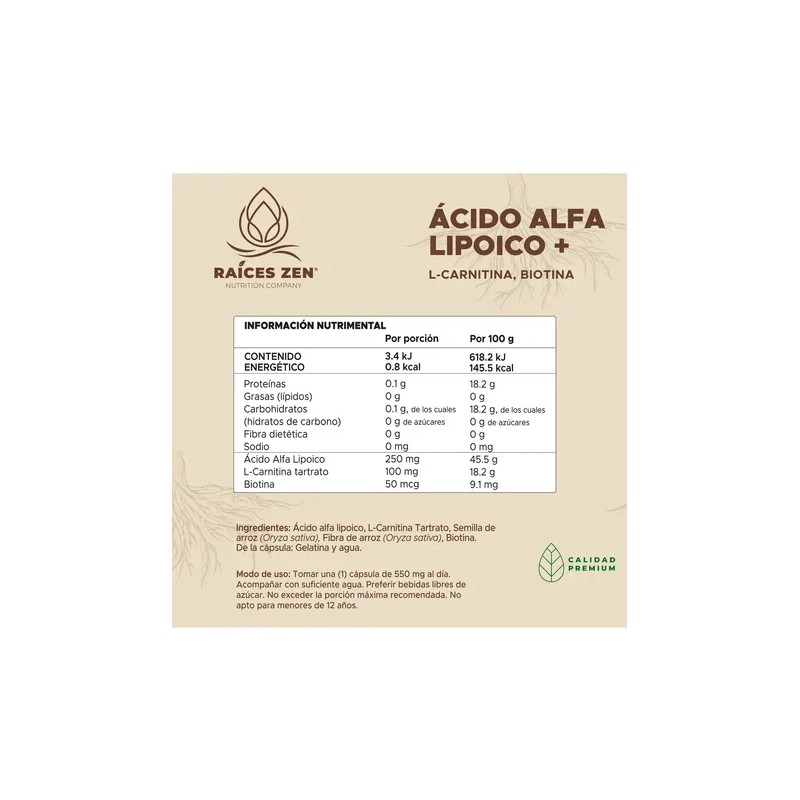 Ácido Alfa Lipoico Raíces Zen Nutrition Company Ala 550mg 60