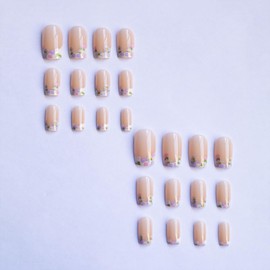 French Tip Press on Nails Cute Flower Fake Nails Short Square Glue on Nails Glossy Full Cover Acrylic Nails Press on Colorful Floral False Nails Spring Stick on Nails for Women Girls 24Pcs