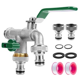 Garden Tap 1/2 Inch, Double Outlet Tap with 2 Hose Connections and 2 Drum Sealing Tape, Garden Tap, Ball Outlet Valve, Frost-20°C for Garden, Household (Green)