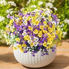 Suncalla 54 Bundles Artificial Flowers for Outdoor, 36 Pansy+18 Eucalyptus Camellia Silk Faux Flowers, Realistic Artificial Plants for Porch Garden Patio Yard Window Box and Home Decoration