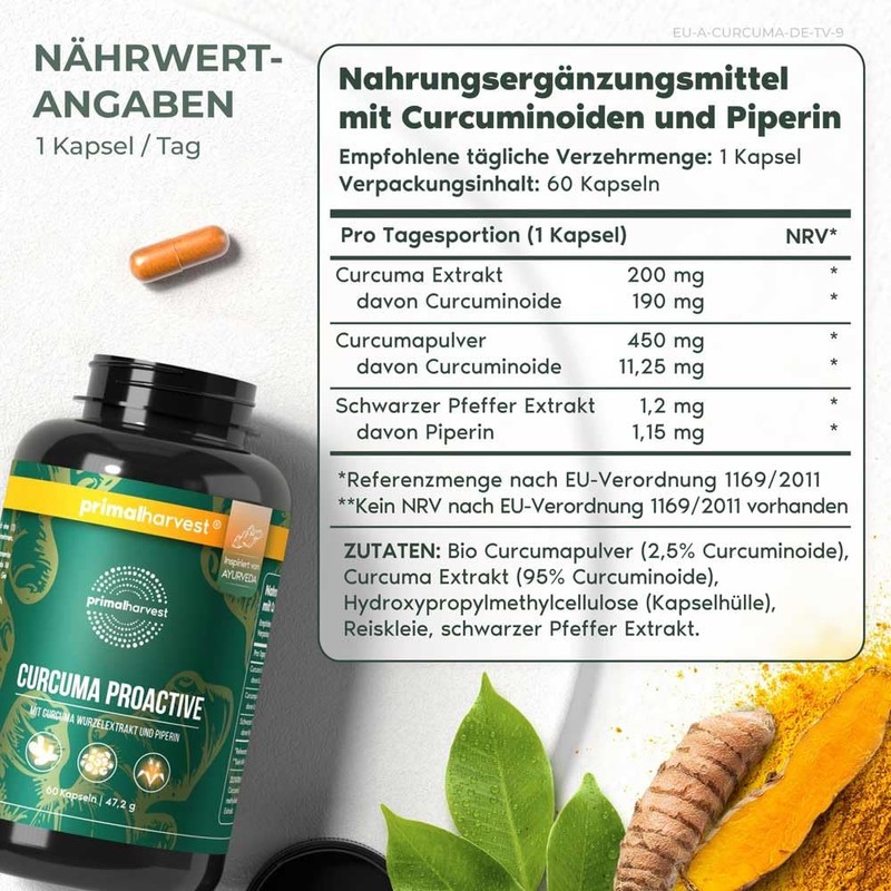 Primal Harvest Curcuma - Vegan with 95% Curcuminoids & Black