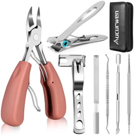 Toenail Clippers for Seniors Thick Toenails, Aucurwen Heavy Duty Toe Nail Clippers Adult Thick Nails Long Handle, Large Toenail Clippers for Thick Nails 7Pcs(Pink)