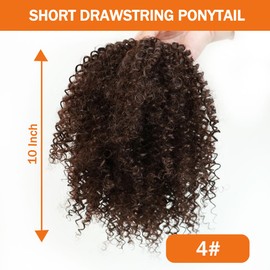 MKJVEN Afro Kinky Curly Ponytail Extensions 10 Inch Drawstring Ponytail For Black Women Syrnthetic Ponytail Hair Piece (4#Medium Brow)