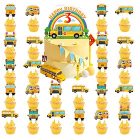 25pcs School Bus 3rd Birthday Party Supplies, School Bus Cupcake Toppers Decoration, Back to School Happy Birthday Cupcake Toppers Decorations, Boys and Girls Kindergarten Decorations (School Bus 3rd)