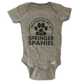 Protected by A Springer Spaniel Funny Baby Bodysuit (100% Cotton), 6-9 Months Grey