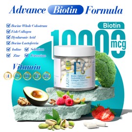 Lazpowfi Hair Skin and Nails Vitamins, Biotin with Bovine Colostrum, Collagen, Hyaluronic Acid, Bovine Lactoferrin & Vitamin A, B6, C, D, E, Supports Hair & Nails Growth for Men and Women(90 Capsule)