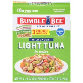 Bumble Bee Chunk Light Tuna in Water, 2.5 oz Pouches (Pack of 3) - Ready to Eat Wild Caught Skipjack Tuna Packet - 16g Protein per Serving - MSC Sustainable Seafood, Non-GMO, Gluten Free, Kosher