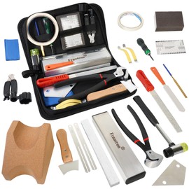 Guitar Luthier Fret Repairing Maintenance Setup Tool Kit with Guitar Neck Rest Fret Puller Chip Stopper Leveling Beam Slot Cleaning Saw Files Hammer Rocker String Action Ruler Gauge Spreaders
