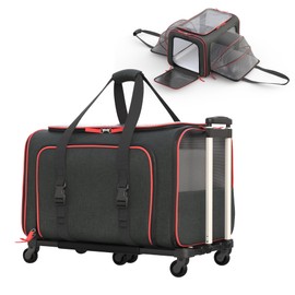 Katziela Rolling Rover Airline Compliant Expandable Premium Pet Carrier 6-Wheeled Baseboard Telescopic Handle Two-Sided Expandable Rolling Carrier Designed (Black- Red Piping)