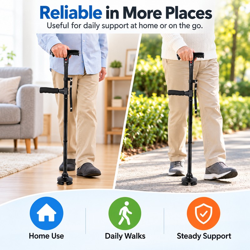 Folding Walking Cane for Seniors with LED Light, Alarm &