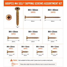 LOUEVIDO M4 x30mm Phillips Head Wood Screws Assortment Set, Gold Zinc Plated, M4 Sizes, Multiple Lengths, Includes Storage Boxes