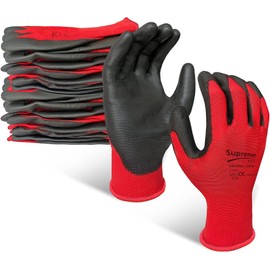 SupremeTTF 24 Pairs PU Coated Red Black Nylon Work Gloves. Gardening Gloves, Builders Gloves, Mechanic Gloves, Strong Grip Gloves, (Small)