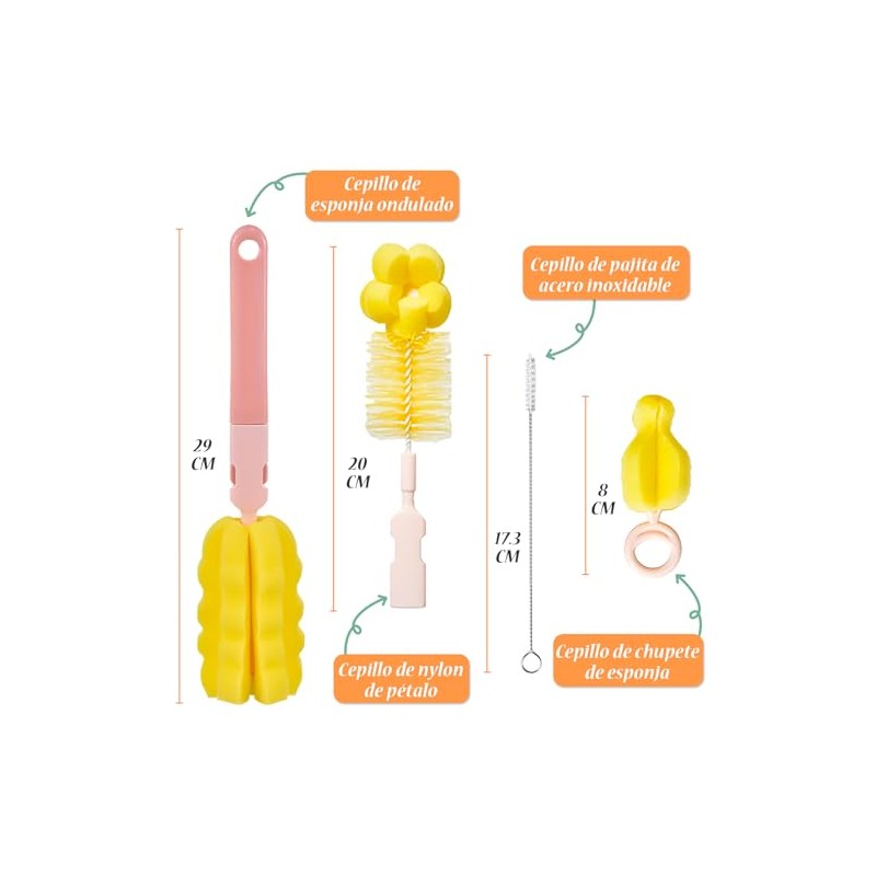 COME Cepillos de Limpieza para Botellas, 4 Piezas, Rosa |