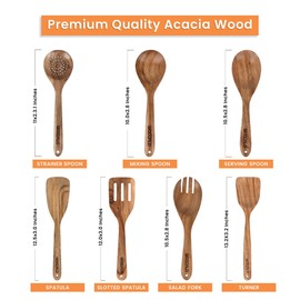 Woodalo Acacia Wooden Kitchen Utensil Set - 7 Pieces – Premium Handcrafted Cooking Spoons & Spatulas, Eco-Friendly, Nonstick Cookware Safe, Ergonomic Design, Ideal for Cooking & Serving
