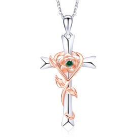 RIVIKO 925 Sterling Silver Cross May Birthstone Necklace for Women Cross Rose Pendant Necklaces Trendy Christmas Valentine's Day Jewelry Mothers Day Anniversary Jewelry Birthday Gift for Women Her Wife Girlfriends Daughter