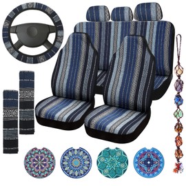 14 Pcs Baja Car Seat Covers Full Set Multicolor Blue Saddle Blanket Striped Boho Car Seat Covers Steering Wheel Cover Seat Belt Pads Cover Crystal Hanging Ornament Cup Mats Fit for Car Sedan Van