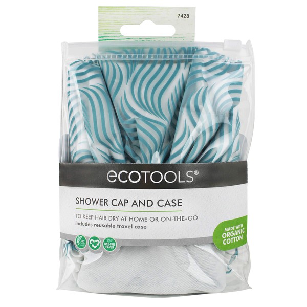 EcoTools Reusable Shower Cap for Women with Travel Storage Case, Made with Recycled and Sustainable Materials, White/Blue, 1 Set