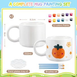 Geiserailie Set of 2 Cups Painting Set Paintable Cups Painting Set Cup for Painting Ceramic Painting Set with 2 DIY Cups Painting and 12 Colours Funny Gift for Easter Birthday (Normal Style)