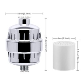 Cadrim Shower Filter, Chrome 15 Stage Universal Replaceable Shower Head Water Purifier with 2 Filter Cartridges and 1 Teflon Tape (Grey)