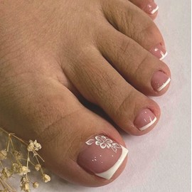 SINLOV 24pcs Nude Pink Square Fake Toenails Glossy French Print on False Toe Nails Flower Short Full Cover False Artificial Toenails for Women and Girls