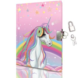 GINMLYDA Diary with Unicorn, 17.8 x 13.5 cm, 80 Lined Sheets, 160 Pages, Unicorn Children's Diary with Lock, Notebook, Girls for Writing and Drawing, Gifts for Girls 6 7 8 9 10 Years