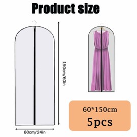 5 Pcs Dress Bags Covers Long, 150cm × 60cm Long Dress Bags Covers Dress Bag Translucent With Zip Waterproof Dustproof Dress Covers Garment Bags Full Length Clothes Covers Protector Bags