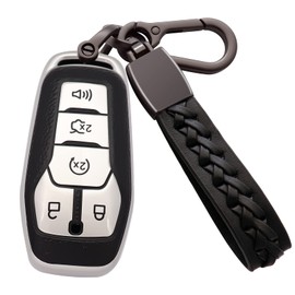 Syodiesn for Ford Key Fob Cover Soft TPU with Leather Keychain Key Shell Full Protective Cover Smart Remote Key Fob Case for Ford Lincoln MKZ MKC MKX Fusion Mustang F150 Edge Explorer 5 Button, Silver