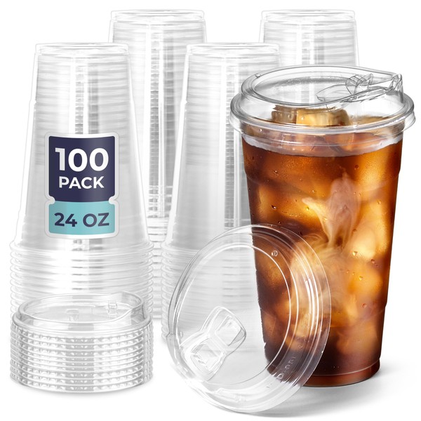 Fit Meal Prep [100 Pack 24 oz Clear Plastic Cups with Strawless Sip Lids, Disposable Plastic Coffee Cups with Lids, To Go Cups for Iced Coffee, Smoothies, Soda, Party Drinks, Bubble Tea
