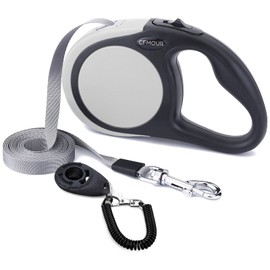 CFMOUR Retractable Dog Lead, 5m/20kg Grey Heavy-Duty Extendable Dog Leads for Small to Medium Dogs; Strong Nylon Tape Ribbon Leash, One-Button Brake&Lock, Bonus Training Clicker