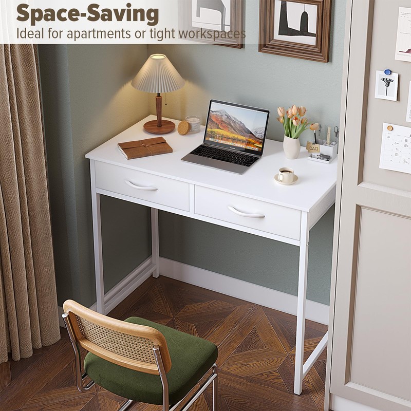 WOHOMO Small Computer Desk with Drawers, Full White 31.5 Inch